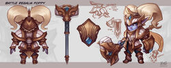  alternate_costume animal_ears armor artist_name battle_regalia_poppy blue_eyes buckler character_name commentary_request concept_art female fewer_digits gauntlets hammer helmet highres kienan_lafferty league_of_legends multiple_views oerba_yun_fang poppy_(league_of_legends) scarf shield turnaround twintails weapon white_hair yordle 