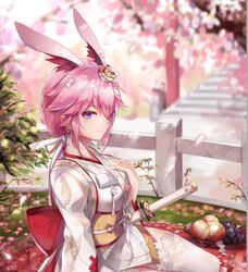  animal_ears apple blurry blurry_background chinese_commentary closed_eyes commentary_request dress female food fox_ears fruit grapes hair_between_eyes hair_ornament honkai_(series) honkai_impact_3rd japanese_clothes katana kimono long_sleeves looking_at_viewer lowres mixed-language_commentary outdoors paid_reward_available petals pink_hair purple_eyes sheath sheathed smile solo sword weapon wedding_dress white_kimono yae_sakura yae_sakura_(gyakushinn_miko) zomzomzomsauce 