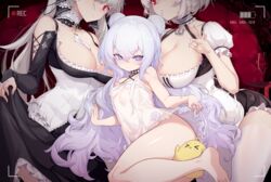  &gt;_&lt; 3girls absurdres anchor_choker azur_lane bare_shoulders barefoot breasts chinese_commentary cleavage clothes_lift commentary_request double_bun dress dress_lift formidable_(azur_lane) grey_hair hair_between_eyes hair_bun highres large_breasts le_malin_(azur_lane) le_malin_(sleepy_sunday)_(azur_lane) lifting_own_clothes long_hair looking_at_viewer manjuu_(azur_lane) multiple_girls purple_eyes purple_hair recording red_eyes see-through shanyao_jiang_tororo short_hair sirius_(azur_lane) small_breasts twintails very_long_hair 