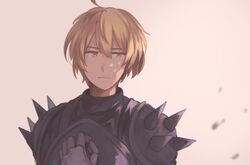  1boy ahoge armor blind_cloud blonde_hair final_fantasy final_fantasy_tactics hand_on_own_chest highres male_focus nose ramza_beoulve short_hair simple_background solo yellow_eyes 