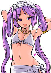  :d armlet arms_behind_head bikini blush bow breasts cowboy_shot fate/grand_order fate_(series) female frilled_bikini frills gold_bracelet hairband jewelry long_hair navel navel_piercing necklace open_mouth piercing purple_eyes purple_hair sabaku_chitai sarong simple_background small_breasts smile solo stheno_(fate) swimsuit very_long_hair white_background white_bikini white_bow 