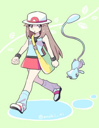  alternate_color bad_id bad_pixiv_id bag black_wristband blue_legwear blue_shirt brown_eyes brown_hair bucket_hat commentary_request eyelashes female full_body green_background hair_flaps hat leaf_(pokemon) long_hair loose_socks messenger_bag mew_(pokemon) pokemon pokemon_(creature) pokemon_frlg pumpkinpan red_skirt shiny_pokemon shirt shoes shoulder_bag skirt sleeveless sleeveless_shirt socks vs_seeker white_footwear white_headwear wristband yellow_bag 