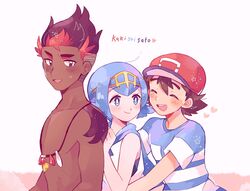  2boys :d bad_id bad_pixiv_id baseball_cap blue_eyes blue_hair blue_sailor_collar blush bright_pupils brown_hair catsubun_(kkst0904) closed_eyes commentary dark-skinned_male dark_skin female freckles hairband hat heart highres jewelry kiawe_(pokemon) lana_(pokemon) multiple_boys necklace open_mouth pokemon pokemon_(anime) pokemon_sm_(anime) red_headwear sailor_collar satoshi_(pokemon) shirt short_hair short_sleeves sleeveless sleeveless_shirt smile striped_clothes striped_shirt sweatdrop t-shirt teeth tongue topless_male undercut upper_teeth_only white_pupils white_shirt yellow_hairband 