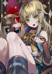  :d bare_shoulders black_choker black_gloves black_socks blonde_hair choker commentary_request crop_top feet_out_of_frame female fingerless_gloves genshin_impact gloves green_eyes hair_ornament hairclip highres hiro_(yoshi_chan) kirara_(cat)_(genshin_impact) kirara_(genshin_impact) knees_up long_hair looking_at_viewer midriff open_mouth sitting smile socks solo thighs 