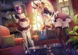  2girls alternate_costume apron ass backlighting black_dress black_footwear black_legwear blonde_hair blush bob_cut bookshelf breasts broom closed_mouth coffee_table collarbone couch curtains cushion dress duster enmaided eyeliner facial_mark fang_out fangs fate/grand_order fate_(series) forehead forehead_mark fou_(fate) frills garter_straps gloves hair_pulled_back highres horns ibaraki_douji_(fate) long_hair looking_at_viewer maid maid_headdress makeup md5_mismatch multiple_girls oerba_yun_fang oni open_mouth parody picture_frame plant pointy_ears potted_plant puffy_short_sleeves puffy_sleeves purple_eyes purple_hair revision riyo_(lyomsnpmp)_(style) short_eyebrows short_hair short_sleeves shuten_douji_(fate) sidelocks skin-covered_horns small_breasts style_parody table tattoo thighhighs tsukizaki_shizuka twintails waist_apron white_apron white_gloves white_legwear window wrist_cuffs yellow_eyes 