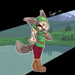  1:1 anthro blonde_hair boots bracelet breasts canid canine clothed clothing female footwear fox fur grey_body grey_fur hair hat headgear headwear hi_res jagergm jewelry mammal red_eyes shimmered_zoologist_(terraria) solo tail terraria were werecanid werecanine werefox zoologist_(terraria) 