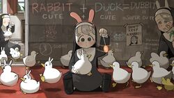  3girls :d @_@ ^_^ aged_down animal_ears animal_on_hand bandaid bandaid_on_cheek bandaid_on_face bird bird_on_hand black_legwear brick_wall bunny_nun_(diva) carrot chicken child&#039;s_drawing closed_eyes commentary curtains diva_(hyxpk) doorway duck duckling empty_eyes english_commentary english_text fake_animal_ears food graffiti graph_(object) grey_eyes grey_hair habit hair_ornament highres holding holding_carrot holding_food holding_pendulum holding_vegetable hopping hypnosis leaf_nun_(diva) little_nuns_(diva) mind_control multiple_girls nervous_sweating notebook nun pendulum picture_frame plant poster_(object) potted_plant rabbit_ears rabbit_hair_ornament removing_headwear smile socks star_(symbol) star_nun_(diva) sweat sweatdrop traditional_nun vegetable window writing_on_wall 