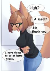  2023 anthro big_breasts breasts canid canine canis clothed clothing cute_fangs dialogue digital_media_(artwork) domestic_dog english_text eyewear fangs female female_anthro fur glasses hair kemono looking_at_viewer mammal open_mouth short_hair solo speech_bubble tail talking_to_viewer teeth text tongue unousaya wearing_glasses 