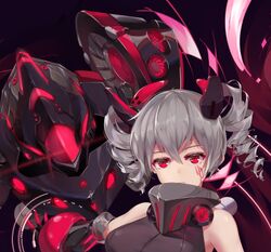  bare_shoulders black_background black_leotard bronya_zaychik bronya_zaychik_(black_nucleus) close-up closed_mouth drill_hair female grey_hair honkai_(series) honkai_impact_3rd leotard lowres paid_reward_available project_bunny red_eyes simple_background sleeveless twin_drills zomzomzomsauce 