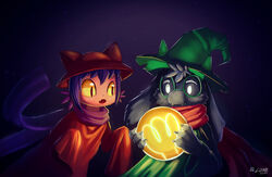  2020 ambiguous_gender anthro claws clothing dated deltarune digital_media_(artwork) duo eyewear furgonomics glasses green_clothing green_hat green_headwear hat headgear headwear light_bulb lunesnowtail male mammal niko_(oneshot) oneshot open_mouth oversized_sleeves paws ralsei red_clothing red_hat red_headwear round_glasses scarf shaded sleeves_past_wrists undertale_(series) yellow_sclera 