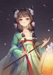  alternate_costume alternate_hairstyle black_hair blunt_bangs chinese_clothes cone_hair_bun cowboy_shot double_bun female flower green_robe hair_bun hair_flower hair_ornament hand_up hanfu highres holding holding_lantern kusuriya_no_hitorigoto lantern light_particles long_hair long_sleeves looking_at_viewer maomao_(kusuriya_no_hitorigoto) motion_blur multi-tied_hair night night_sky purple_eyes qixiong_ruqun red_flower red_ribbon ribbon robe ruqun sash sidelocks sky smile solo tinn708 twintails white_flower wide_sleeves 