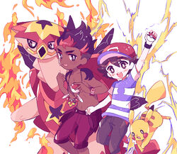  2boys :d arm_up bad_id bad_pixiv_id baseball_cap bracelet bright_pupils brown_eyes brown_hair catsubun_(kkst0904) commentary dark-skinned_male dark_skin fire hat highres holding holding_poke_ball jewelry kiawe_(pokemon) male_focus multiple_boys necklace open_mouth pants pikachu poke_ball pokemon pokemon_(anime) pokemon_(creature) pokemon_sm_(anime) red_headwear satoshi_(pokemon) shirt short_hair short_sleeves smile striped_clothes striped_shirt t-shirt teeth tongue topless_male turtonator upper_teeth_only white_pupils z-ring 