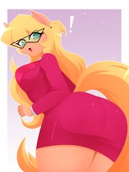  3:4 angry anthro ass big_butt blonde_hair businesswear callie_briggs clothing coat colored domestic_cat exclamation_point eyewear felid feline felis female glasses green_eyes hair hanna-barbera hi_res lineless long_hair looking_at_viewer looking_back low-angle_view mammal portrait rear_view shaded solo surprise swat_kats tail thick_thighs three-quarter_portrait topwear wide_hips xan-gelx yellow_tail 