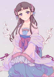  branch chinese_clothes collarbone double_bun dress earrings eyelashes feet_out_of_frame female flower forehead_jewel frills gradient_background hair_bun hair_flower hair_ornament hanfu highres jewelry kusuriya_no_hitorigoto lishu_(kusuriya_no_hitorigoto) long_hair long_sleeves looking_at_viewer nail_polish noshima parted_lips petals pink_flower pink_nails sash shawl sideways_glance sitting sleeves_past_fingers sleeves_past_wrists solo string white_flower wide_sleeves 