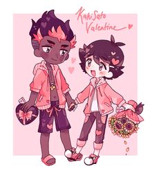  2boys :d alternate_costume bad_id bad_pixiv_id blush bouquet catsubun_(kkst0904) closed_mouth commentary dark-skinned_male dark_skin heart highres holding_hands interracial jacket kiawe_(pokemon) long_sleeves male_focus multiple_boys open_clothes open_jacket open_mouth pants pink_jacket pokemon pokemon_(anime) pokemon_sm_(anime) sandals satoshi_(pokemon) shirt shoes smile standing teeth tongue upper_teeth_only valentine white_shirt yaoi 