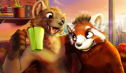  2023 5_fingers absurd_res ailurid anthro beverage brick_wall brown_body brown_fur city city_background cityscape claymore_(red_panda) container controller corbin_(corbin_roscy) corbin_(roscy) cup digital_media_(artwork) digital_painting_(artwork) domestic_ferret duo electronics fingers fur game_controller green_cup hand_on_head happy hi_res huge_filesize looking_at_another male mammal mustelid musteline open_mouth open_smile orange_body orange_fur plant plant_pot playstation playstation_controller potted_plant red_panda rubik&#039;s_cube signature smile sony_corporation sony_interactive_entertainment speaker true_musteline wall_(structure) watermark weasel white_body white_ears white_fur window 