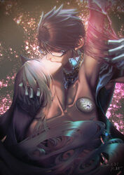  2girls arm_up bad_id bad_pixiv_id bayonetta bayonetta_(series) bayonetta_2 black_hair clothed_female_nude_female collarbone dated earrings glasses gloves grey_hair hand_on_another&#039;s_head highres jeanne_(bayonetta) jewelry kara_namako kissing multiple_girls nude photoshop_(medium) upper_body white_gloves yuri 