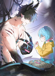  2boys aged_down aqua_hair asymmetrical_horns bandaid bandaid_on_hand black_hair black_horns black_skin bleeding blood blood_on_face blood_on_hands blue_hoodie blurry blurry_background blush closed_mouth collarbone colored_skin commentary drawstring ear_piercing earrings green_eyes grey_pants hair_between_eyes hand_up hands_up highres holding holding_bandaid hood hood_down hoodie horns jewelry kyo_kaneko lolicon long_sleeves male_focus multicolored_clothes multicolored_hair multicolored_hoodie multicolored_skin multiple_boys nijisanji nijisanji_en open_mouth pants pectorals piercing pink_hair plaid plaid_pants pointy_ears profile ren_zotto scales scratches short_hair sitting stud_earrings tail uneven_horns virtual_youtuber white_hoodie yellow_eyes yellow_hoodie yuyuwu 