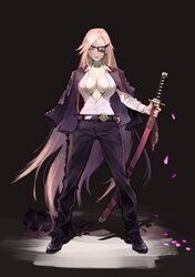  alternate_costume amputee baiken belt black_background black_belt black_footwear black_jacket black_pants breasts cherry_blossoms cleavage closed_mouth collared_shirt commentary_request dress_shirt eyepatch facial_tattoo falling_petals female guilty_gear guilty_gear_xrd highres holding holding_sword holding_weapon jacket jacket_on_shoulders jako_(toyprn) large_breasts long_hair looking_at_viewer one-eyed open_clothes open_shirt pants petals pink_hair scar scar_across_eye scar_on_face sheath sheathed shirt solo standing sword tattoo very_long_hair weapon white_shirt 