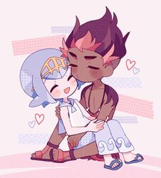  1boy bad_id bad_pixiv_id blue_hair blue_pants blue_sailor_collar blush catsubun_(kkst0904) closed_mouth commentary dark-skinned_male dark_skin female flip-flops hairband heart imminent_kiss interracial jewelry kiawe_(pokemon) lana_(pokemon) necklace on_lap pants pokemon pokemon_(anime) pokemon_sm_(anime) puckered_lips sailor_collar sandals shirt short_hair sitting sleeveless sleeveless_shirt straight toes topless_male undercut wave_print white_shirt yellow_hairband 