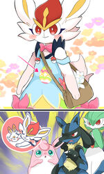  1boy 2girls :&gt; ajiwo animal_ears animal_hands animal_nose aqua_eyes arrow_(symbol) bag bare_shoulders black_fur blue_dress blue_fur blush blush_stickers bob_cut body_fur bow bowtie bright_pupils cinderace cinderace_(pastel) claws closed_mouth clothed_pokemon colored_skin cowboy_shot dress egg_print flat_chest flower furry furry_female furry_male gardevoir green_hair green_skin hair_between_eyes hand_to_own_mouth hand_up highres lucario maternity_mark multicolored_skin multiple_girls open_mouth orange_flower pink_bow pink_bowtie poke_ball_symbol pokemon pokemon_(creature) pokemon_unite purple_flower rabbit_ears rabbit_girl rabbit_tail red_eyes red_hair scorbunny short_hair shoulder_bag sleeveless sleeveless_dress snout standing strap_slip tail traditional_bowtie two-tone_skin white_flower white_fur white_pupils white_skin wigglytuff wolf_boy wolf_ears wolf_tail yellow_flower yellow_fur 