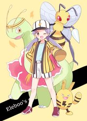  ;d antennae baseball_cap beedrill blue_shirt brown_eyes character_name commentary_request creature dot_nose elekid female full_body gen_1_pokemon gen_2_pokemon hand_on_hip hat holding holding_megaphone insect_wings jacket lightning_bolt long_hair meganium megaphone mei_(maysroom) nanako_(pokemon) one_eye_closed open_mouth outstretched_arm pokemon pokemon_(anime) pokemon_(classic_anime) pokemon_(creature) purple_hair shirt shorts smile standing striped striped_jacket striped_shorts twintails white_shorts wings yellow_background yellow_jacket 