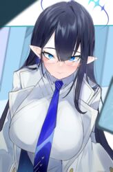  absurdres black_hair blue_archive blue_eyeliner blue_eyes blue_necktie blurry blurry_foreground blush breasts chankuro coat depth_of_field earrings eyeliner female glasses halo highres huge_breasts jewelry long_hair looking_at_viewer makeup necktie pointy_ears rin_(blue_archive) shirt solo straight_hair sweatdrop upper_body very_long_hair white_coat white_shirt 