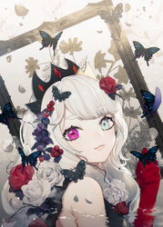  absurdres bug butterfly daimaou_ruaeru female flower gloves grey_eyes hair_flower hair_ornament highres indie_virtual_youtuber long_hair looking_at_viewer partially_submerged picture_frame purple_eyes red_flower red_gloves red_rose ripples rose solo spinel_clanweiss symbol-shaped_pupils upper_body virtual_youtuber water white_flower white_hair white_rose 