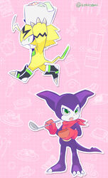  anthro bandai_namco bandana boots claws clothing cooking digimon digimon_(species) duo footwear green_eyes impmon kerchief kitchen_utensils koke2gou ladle male pulsemon purple_body tools yellow_body 