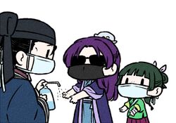  2boys black_hair blunt_bangs bun_cover chibi chinese_clothes coat coronavirus_pandemic covered_mouth facing_another feet_out_of_frame female freckles futou gaoshun_(kusuriya_no_hitorigoto) green_hair hair_bun hair_ribbon hanfu hat holding jinshi_(kusuriya_no_hitorigoto) kusuriya_no_hitorigoto long_hair long_sleeves looking_at_another maomao_(kusuriya_no_hitorigoto) mask mouth_mask multiple_boys nekokurage_(gen&#039;eikai_tsuushin) outstretched_arms purple_hair ribbon robe sash sidelocks simple_background single_hair_bun skirt sleeves_rolled_up soap_bottle solid_oval_eyes sunglasses twintails washing_hands white_background wide_sleeves 