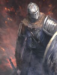  armor dark_souls_(series) dark_souls_i full_armor gauntlets guri_otoko helm helmet highres holding holding_shield holding_sword holding_weapon knight knight_of_astora_oscar shield shoulder_armor solo sword weapon 