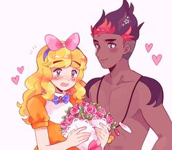  2boys ashley_(pokemon) bad_id bad_pixiv_id blonde_hair blush bouquet bow_hairband catsubun_(kkst0904) collarbone commentary crossdressing dark-skinned_male dark_skin dress eyelashes flower hairband heart holding interracial jewelry kiawe_(pokemon) long_hair male_focus multiple_boys necklace open_mouth orange_dress pink_flower pokemon pokemon_(anime) pokemon_(classic_anime) pokemon_sm_(anime) purple_hairband satoshi_(pokemon) short_hair topless_male undercut yaoi 