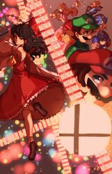  2girls 2others 4boys android arm_cannon bad_id bad_twitter_id blue_eyes bow brown_eyes clenched_hand commentary crossover crown danmaku detached_sleeves dress english_commentary facial_hair glowing gohei green_headwear hair_tubes hairbow hakurei_reimu hat highres kirby kirby_(series) lens_flare lens_flare_abuse link linmiee luigi mario mario_(series) mega_man_(character) mega_man_(classic) mega_man_(series) moustache multiple_boys multiple_girls multiple_others ofuda pac-man pac-man_(game) pikachu pokemon pokemon_(creature) princess_peach red_headwear ribbon-trimmed_sleeves ribbon_trim sarashi shield skirt skirt_set smash_ball sonic_(series) sonic_the_hedgehog spell_card star_(symbol) super_smash_bros. sword the_legend_of_zelda touhou warp_star weapon wide_sleeves 