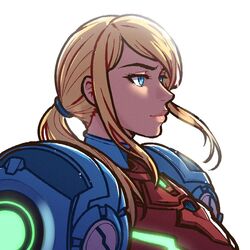  akairiot armor blonde_hair blue_eyes female long_hair metroid metroid_dread ponytail power_armor power_suit power_suit_(metroid) samus_aran science_fiction simple_background smile solo upper_body white_background 