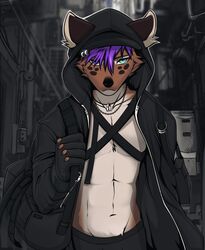  2022 alley angiewolf anthro bare_chest black_bottomwear black_clothing black_hoodie black_topwear blurred_background bottomwear building city clothing domestic_cat felid feline felis hair hi_res holding_object hoodie looking_at_viewer male mammal purple_hair shoulder_bag skyscraper solo topwear urban 