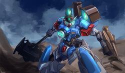  blue_eyes clenched_hand cosmikaizer crossover fusion glowing glowing_eyes gundam gundam_barbatos gundam_tekketsu_no_orphans hammer highres holding holding_hammer mecha mobile_suit no_humans robot science_fiction solo thomas_the_tank_engine thomas_the_tank_engine_(character) v-fin 