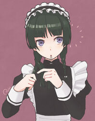  alternate_costume anachronism apron bow braiding_hair enmaided female frills green_hair hair_half_undone hair_tie_in_mouth hairbow hairdressing hands_up holding holding_own_hair juliet_sleeves kusuriya_no_hitorigoto long_hair long_sleeves looking_afar maid maid_apron maid_headdress maomao_(kusuriya_no_hitorigoto) mouth_hold puffy_sleeves purple_eyes ruei_(chicking) sash sidelocks sideways_glance simple_background solo twintails upper_body white_bow 