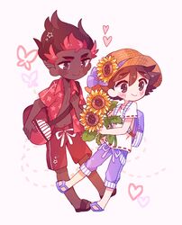  2boys bad_id bad_pixiv_id bag blush_stickers brown_eyes brown_hair capri_pants catsubun_(kkst0904) closed_mouth collared_shirt commentary dark-skinned_male dark_skin duffel_bag eyelashes flower hat hat_flower heart highres holding holding_flower kiawe_(pokemon) male_focus multiple_boys open_clothes open_shirt pants pokemon pokemon_(anime) pokemon_sm_(anime) purple_pants red_shirt red_shorts sandals satoshi_(pokemon) shirt short_hair short_sleeves shorts smile straw_hat sunflower t-shirt white_shirt 