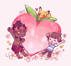  2boys :d arm_up arms_up bad_id bad_pixiv_id barefoot berry_(pokemon) blush_stickers brown_hair brown_pants catsubun_(kkst0904) chibi clenched_hands closed_eyes closed_mouth commentary dark-skinned_male dark_skin flower heart jewelry kiawe_(pokemon) male_focus multiple_boys necklace pants pecha_berry pikachu pokemon pokemon_(anime) pokemon_(creature) pokemon_sm_(anime) red_shorts satoshi_(pokemon) shirt short_hair short_sleeves shorts smile striped_clothes striped_shirt t-shirt topless_male 