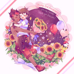  2boys :d anniversary bad_id bad_pixiv_id balloon black_hair bouquet carrying catsubun_(kkst0904) character_print commentary dark-skinned_male dark_skin dated flower heart highres holding holding_bouquet interracial jewelry kiawe_(pokemon) male_focus multiple_boys necklace open_mouth pants petals pikachu poke_ball poke_ball_(basic) pokemon pokemon_(anime) pokemon_sm_(anime) sandals satoshi_(pokemon) shirt shoes short_sleeves shorts smile striped_clothes striped_shirt sunflower t-shirt teeth toes tongue topless_male upper_teeth_only yaoi 