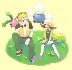  1boy alternate_color bad_id bad_pixiv_id baseball_cap brown_eyes brown_hair closed_mouth commentary_request evolutionary_line female flower grass green_overalls green_pants hat head_wreath highres holding holding_flower hoppip jacket jumpluff long_hair lyra_(pokemon) open_mouth pants pokemon pokemon_(creature) pokemon_frlg pokemon_hgss pumpkinpan red_(pokemon) shirt shoes short_hair short_sleeves sitting skiploom smile thighhighs tongue twintails white_headwear white_legwear yellow_flower yellow_footwear yellow_headwear yellow_shirt 