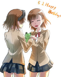  2girls blazer brown_hair closed_eyes commentary_request dk_(13855103534) gekota happy_birthday head-mounted_display highres jacket misaka_imouto misaka_mikoto multiple_girls plaid plaid_skirt pleated_skirt school_uniform short_hair skirt toaru_kagaku_no_railgun toaru_majutsu_no_index tokiwadai_school_uniform winter_uniform 