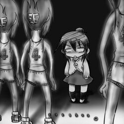  ... aliens chibi gym_clothes gym_shorts gym_uniform hair_bun hair_clip hair_ornament hairclip marui_hitoha mitsudomoe monochrome parody short_hair silent_hill silent_hill_1 sweater 