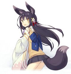  animal_ear_fluff animal_ears bare_shoulders black_hair blush bow clothes_lift commentary_request detached_sleeves female flower fox_ears fox_tail hair_flower hair_ornament japanese_clothes kuromitsu_nene long_hair looking_at_viewer looking_back oerba_yun_fang open_mouth original panties pantyshot poco_(asahi_age) skirt skirt_lift smile solo standing tail underwear white_panties wide_sleeves yellow_eyes 