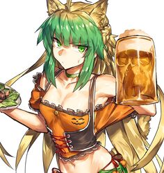  :/ ahoge alcohol alternate_costume animal_ears armpits atalanta_(fate) beer beer_mug blonde_hair breasts cat_ears choker cleavage closed_mouth commentary cosplay cup fate/apocrypha fate/grand_order fate_(series) female green_eyes green_hair holding holding_cup long_hair looking_at_viewer mata_hari_(fate) mata_hari_(fate)_(cosplay) mata_hari_(mata_hari&#039;s_tavern)_(fate) melon22 mug multicolored_hair navel off-shoulder_shirt off_shoulder orange_shirt shirt small_breasts solo stomach two-tone_hair v-shaped_eyebrows very_long_hair 