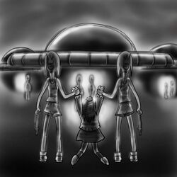  aliens dragging energy_gun gym_clothes gym_shorts gym_uniform hair_bun marui_hitoha mitsudomoe monochrome parody ray_gun short_hair silent_hill silent_hill_1 sweater ufo weapon 