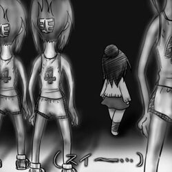  aliens gym_clothes gym_shorts gym_uniform hair_bun hair_clip hair_ornament hairclip marui_hitoha mitsudomoe monochrome parody short_hair silent_hill silent_hill_1 sweater translation_request 