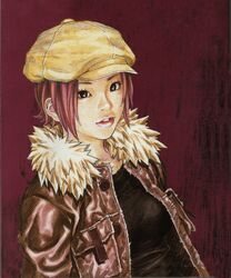  breasts brown_eyes buttons female fur-trimmed_coat gradient gradient_background katsura_masakazu looking_at_viewer newsboy_cap pink_hair shirt short_hair simple_background smile solo tanaka_hanako teeth zetman 