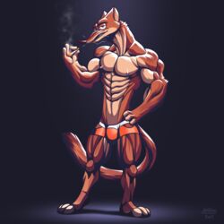  1:1 absurd_res anthro bulge cigarette clothing disney duke_weaselton flexible hi_res hyper long-tailed_weasel male mammal muscular muscular_anthro muscular_male mustelid musteline nude slim smoke smoking solo tall true_musteline underwear weasel wolfiecanem zootopia 