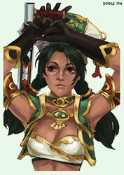  absurdres armlet arms_up black_gloves bladed_tonfa braid breasts brooch brown_eyes cleavage commentary completion_time dark-skinned_female dark_skin eyebrows female gloves gorget green_hair hat highres jewelry lips low_twintails midriff monori_rogue photoshop_(medium) small_breasts solo soulcalibur strapless talim tonfa tube_top twin_braids twintails vest weapon 